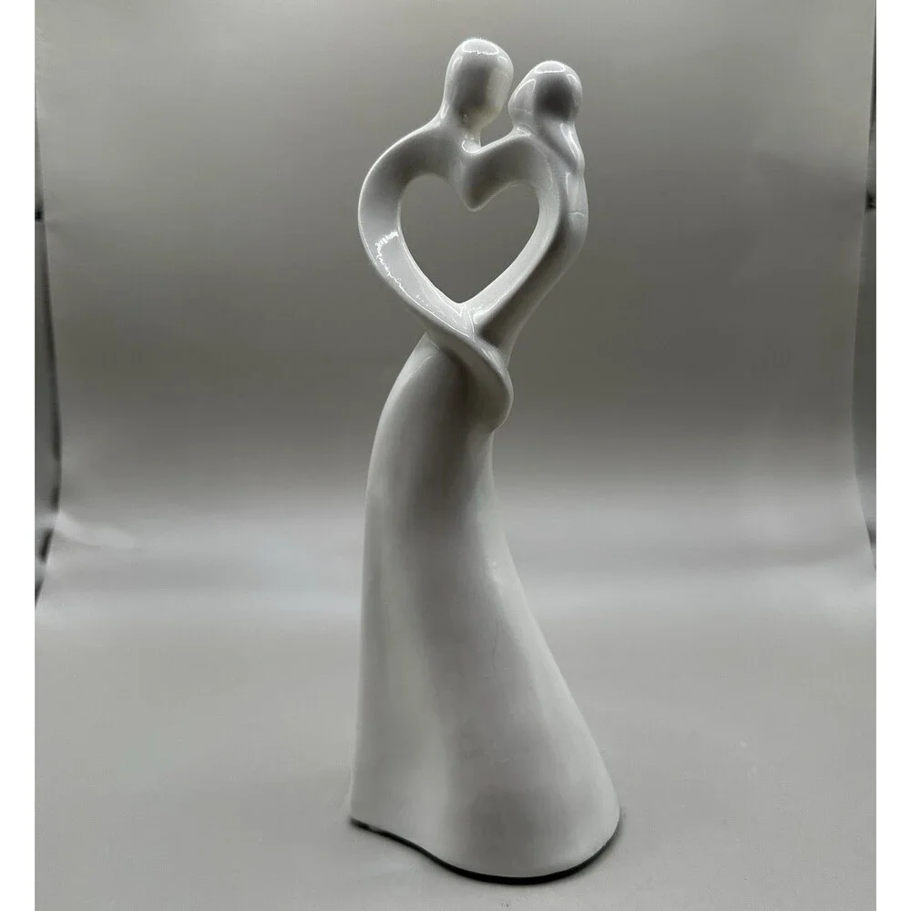 Elegant White Ceramic Couple Figurine Heart Embrace Minimalist Wedding Decor